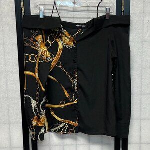 Shein Button Blouse Off Shoulder Collar Equestrian Black Gold Brown Long Sleeve